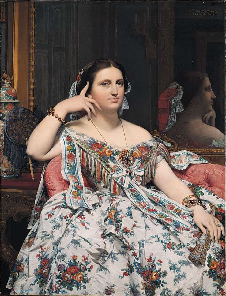 London National Gallery Next 20 14 Jean-Auguste-Dominique Ingres - Madame Moitessier Jean-Auguste-Dominique Ingres - Madame Moitessier, 1856, 120 x 91 cm. Ingres deeply admired the art of ancient Greece and Rome and spent his life trying to achieve the simple lines and finely modeled shapes found in classical art. Madame Moitessier�s marble-smooth skin and calm gaze reminds us of a classical statue. The richly decorated room, her heavy gold jewelry, and extravagant, fashionable dress show that she was very wealthy. The firm contour of her shoulders, arms and face defines flesh perfectly rounded, and smooth and luminous as polished alabaster.